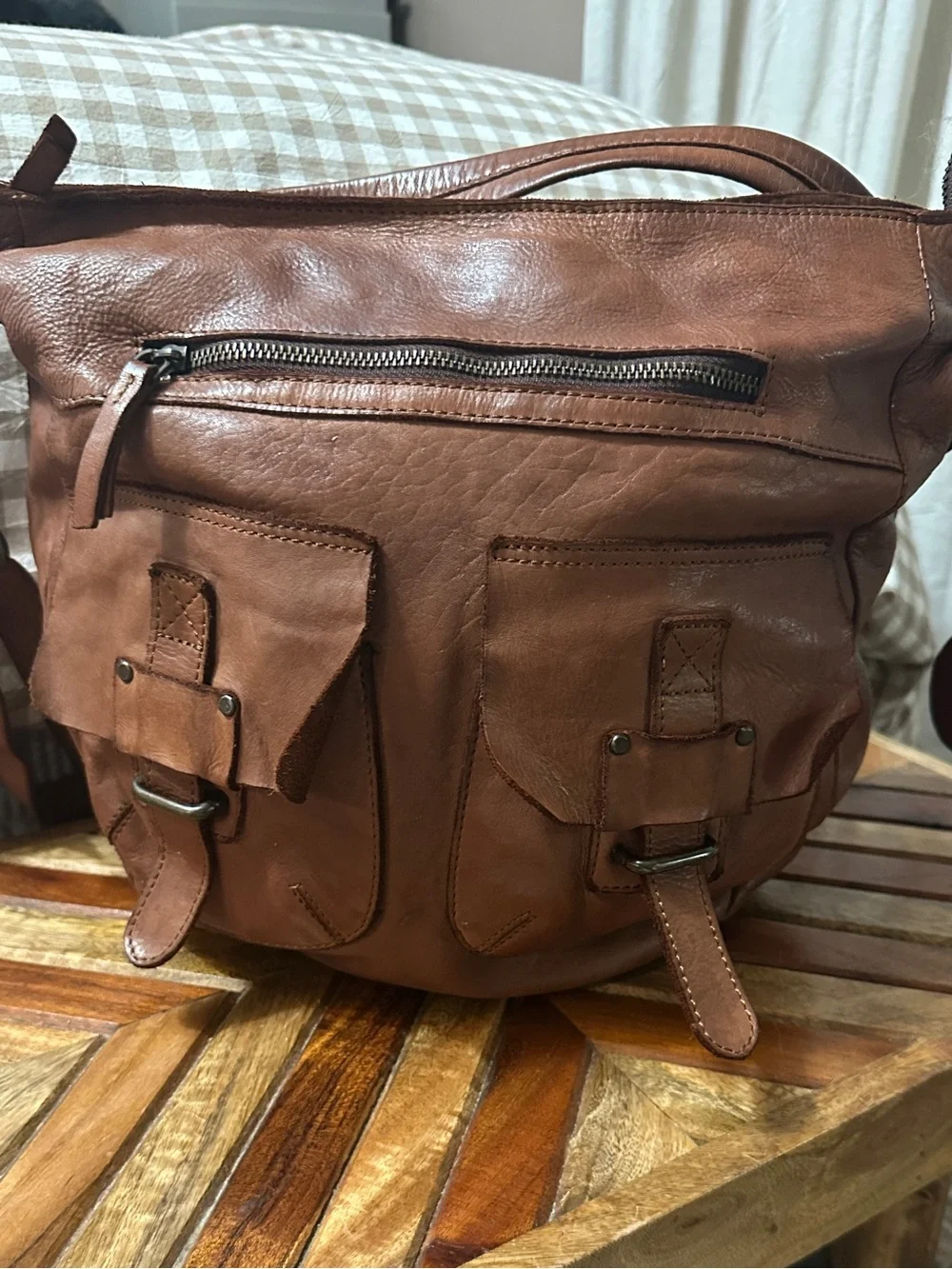 Tan Leather Bag with Front Pockets